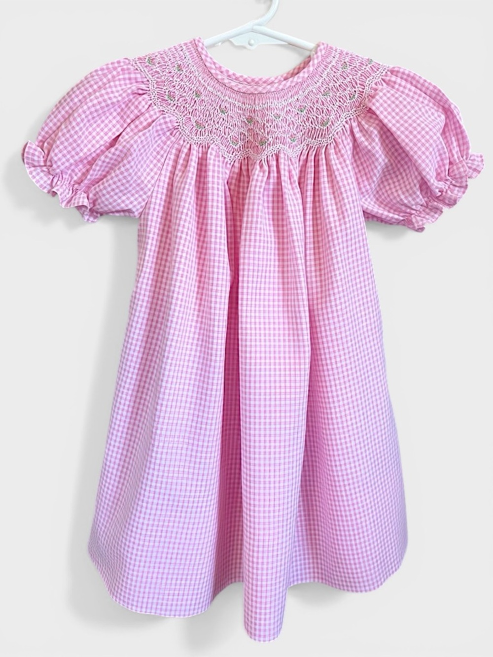 Vintage Rosalina Pink Gingham Hand Smocked  
Bishop Style Dress | Girls 18M